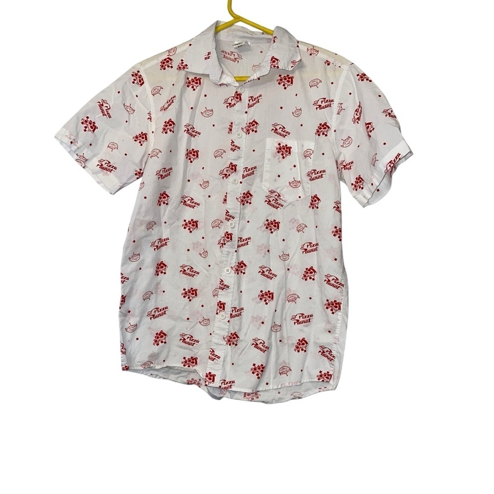 Disney Toy Story Pizza Planet White Button Down Camp Shirt for Men Size MED